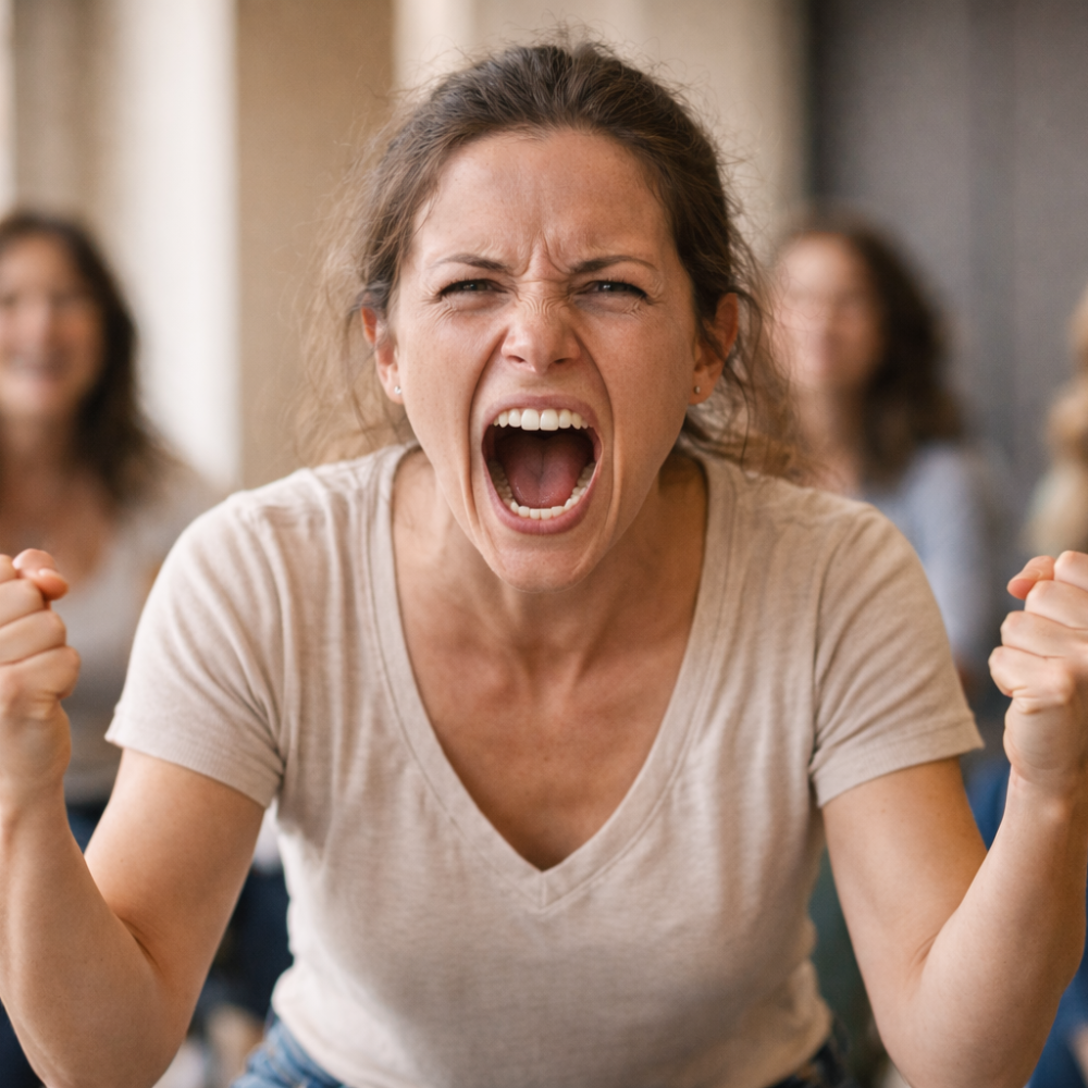 Wütende Frau in Seminarraum